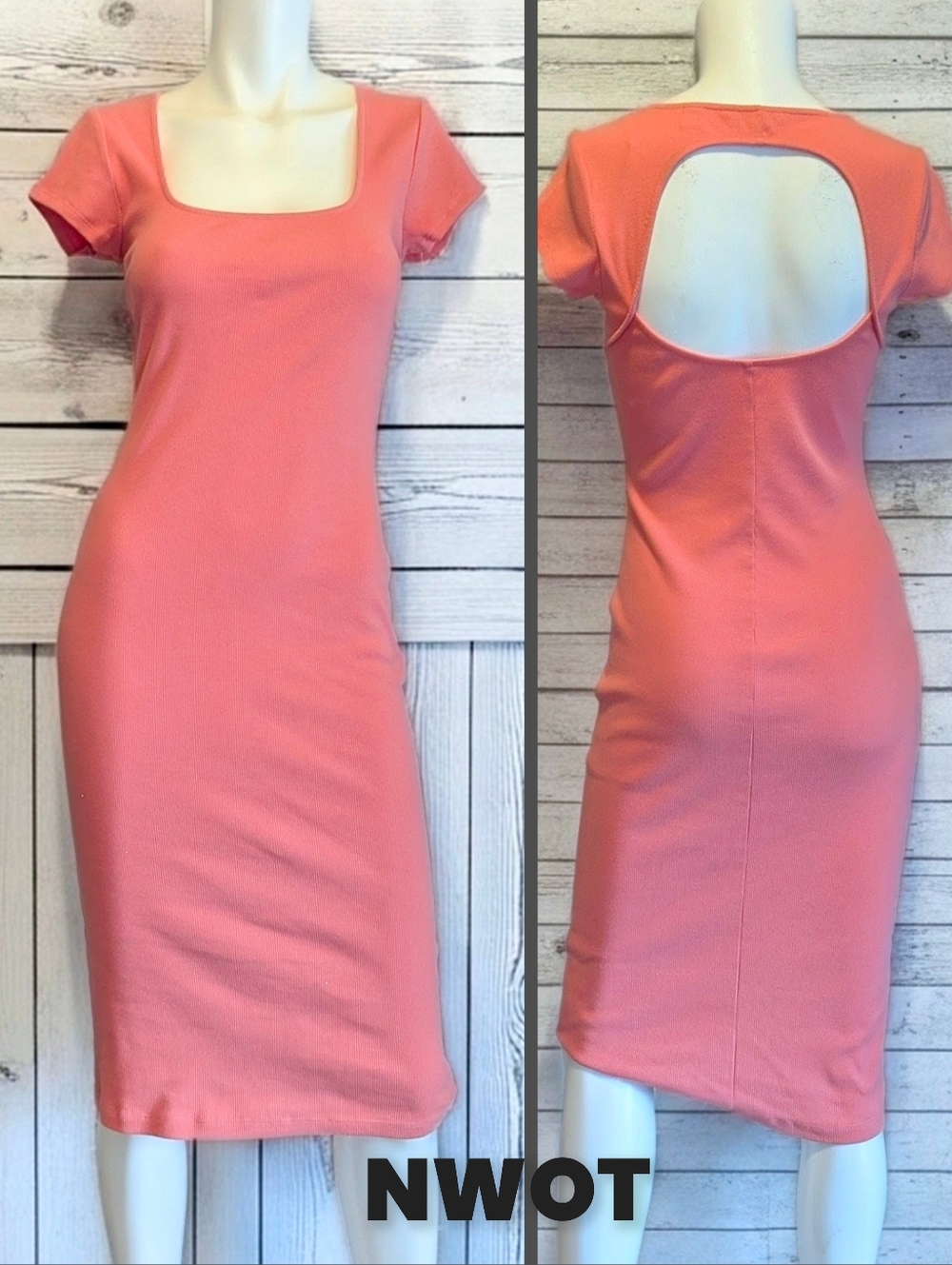 Nine West Square Neck Pink Ribbed Bodycon  Dress
